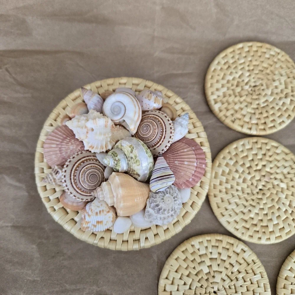 Woven Coasters  (6)‎ w/ Matching Decorative Basket Colorful Shells Beach Coastal